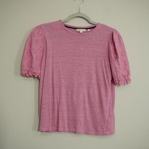Boden Size 8 Pink Linen Eyelet Puff Sleeve Top Crew Neck Casual Feminine Girly